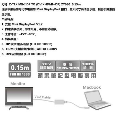 Z-TEK 力特 MINI DP TO (DVI+HDMI+DP) 0.15米轉接線 技術參數、應用場景與市場供應解析